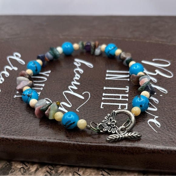Handmade Gemstone Beaded Bracelet w/ Flower Clasp Boho Y2K - Picture 1 of 8